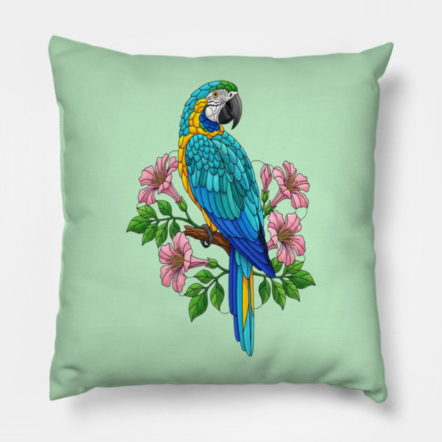 Macaw Tropical Bird Floral Art Pillow by BirdsnStuff