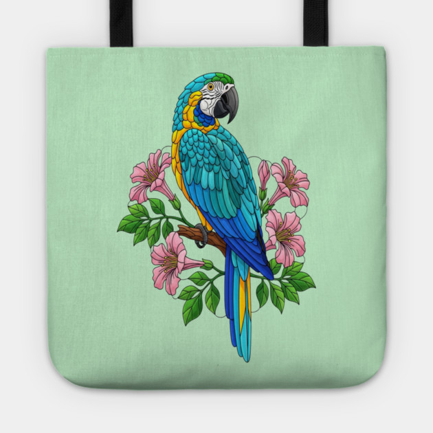 Macaw Tropical Bird Floral Art Tote by BirdsnStuff