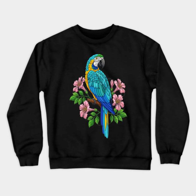 Macaw Tropical Bird Floral Art Crewneck Sweatshirt by BirdsnStuff