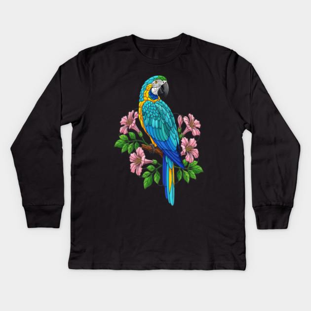 Macaw Tropical Bird Floral Art Kids Long Sleeve T-Shirt by BirdsnStuff