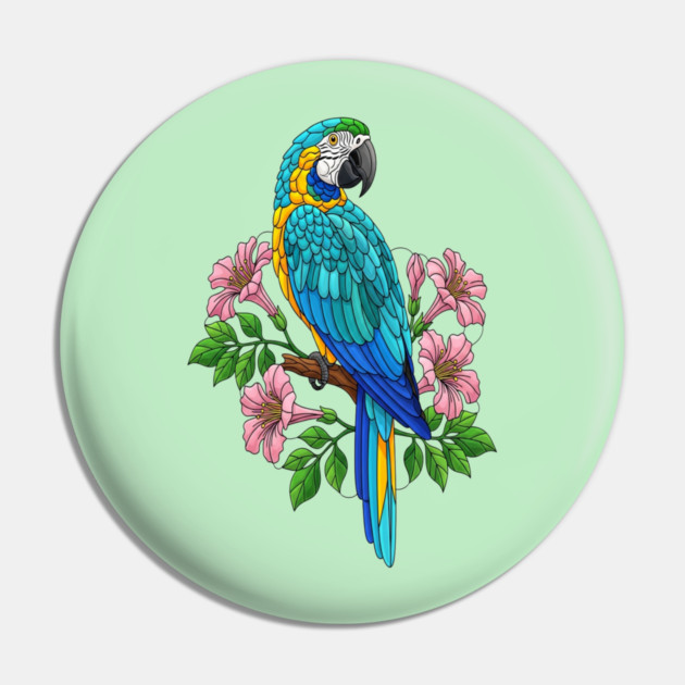 Macaw Tropical Bird Floral Art Pin by BirdsnStuff