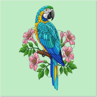Macaw Tropical Bird Floral Art Posters and Art