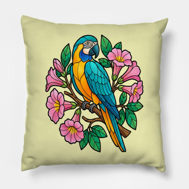 Circular Tropical Macaw Floral Art Pillow by BirdsnStuff