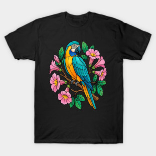 Circular Tropical Macaw Floral Art T-Shirt
