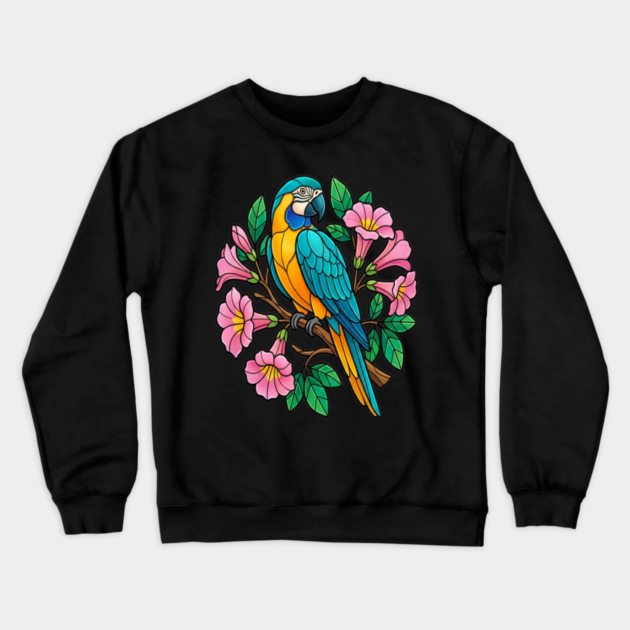 Circular Tropical Macaw Floral Art Crewneck Sweatshirt by BirdsnStuff