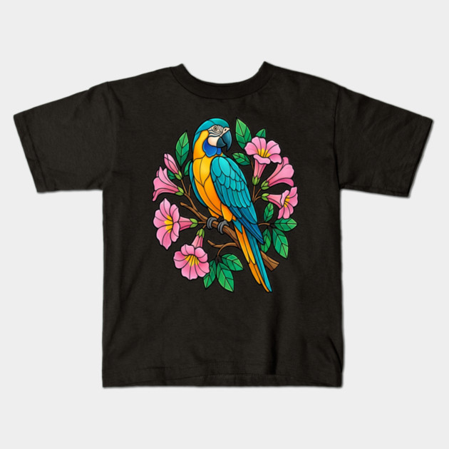 Circular Tropical Macaw Floral Art Kids T-Shirt by BirdsnStuff