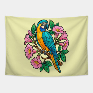 Circular Tropical Macaw Floral Art Tapestry