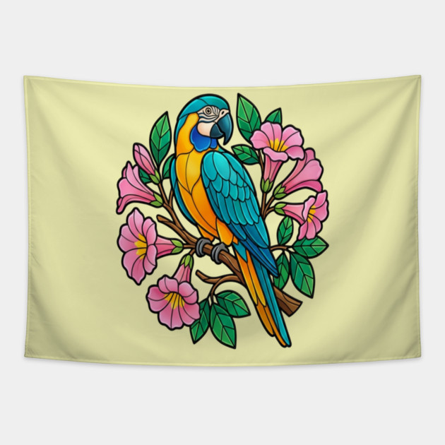 Circular Tropical Macaw Floral Art Tapestry by BirdsnStuff