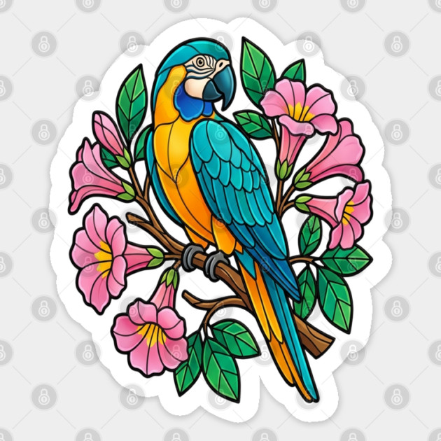 Circular Tropical Macaw Floral Art Sticker by BirdsnStuff