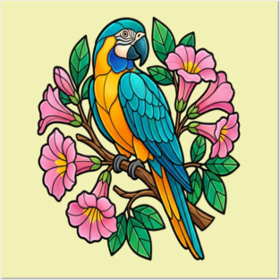 Circular Tropical Macaw Floral Art Posters and Art