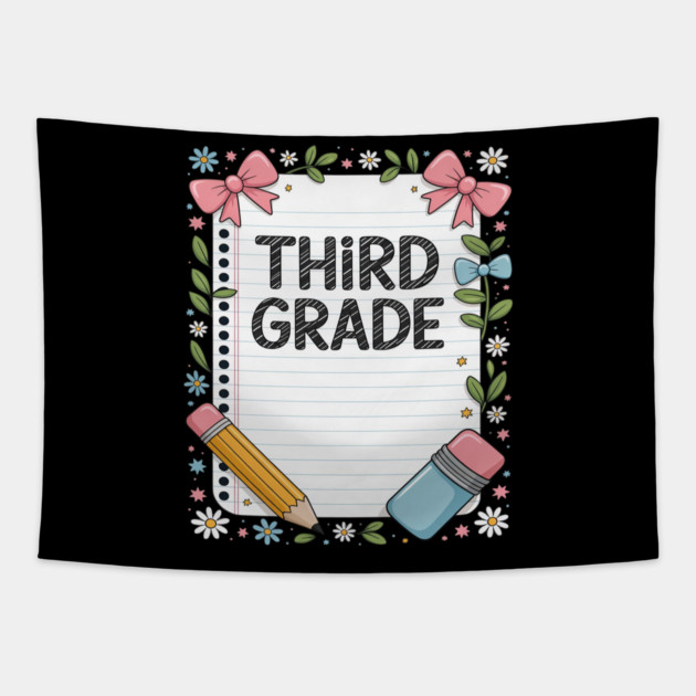 Third Grade Coquette Bow Pencil Back To School Teacher Kid Tapestry by Ink Lines