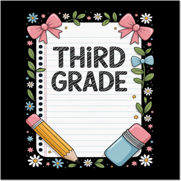 Third Grade Coquette Bow Pencil Back To School Teacher Kid Wall Art by Ink Lines