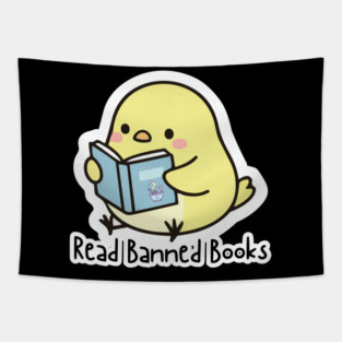 "Read Banned Books" - Cute Chick Reading A Banned Book, Critical Thinking Activism Tapestry