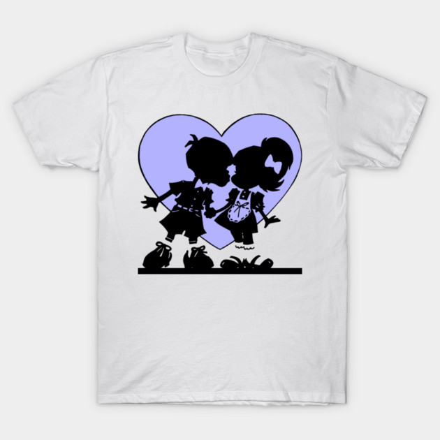 Retro Kiss Cartoon Boy and Girl Blue heart T-Shirt by HolidayBug