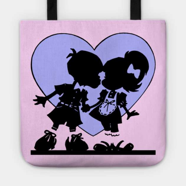 Retro Kiss Cartoon Boy and Girl Blue heart Tote by HolidayBug