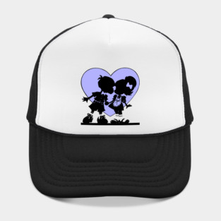 Retro Kiss Cartoon Boy and Girl Blue heart Hat