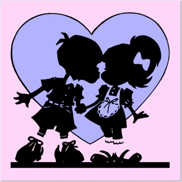 Retro Kiss Cartoon Boy and Girl Blue heart Wall Art by HolidayBug