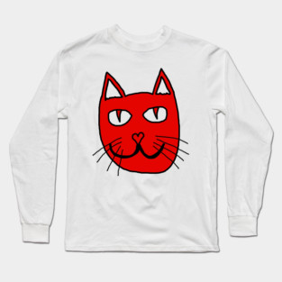 Cute Red Cat Face For Valentines Day Long Sleeve T-Shirt