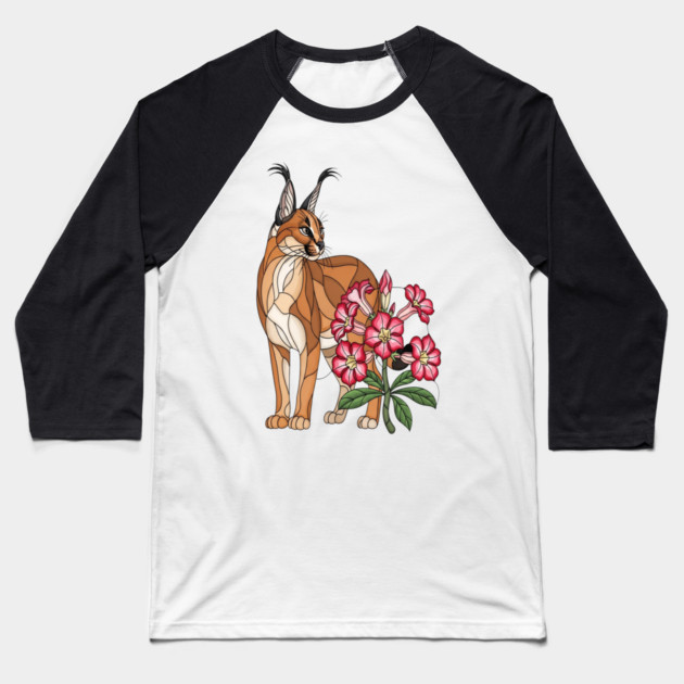 Floral Caracal Stained Glass Wildlife Design Baseball T-Shirt by BirdsnStuff