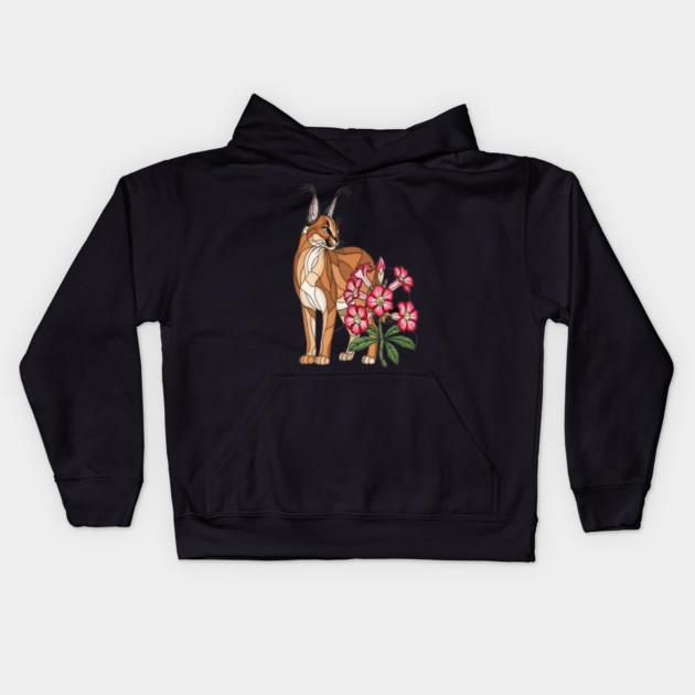Floral Caracal Stained Glass Wildlife Design Kids Hoodie by BirdsnStuff
