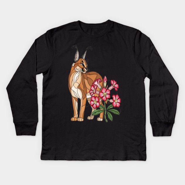 Floral Caracal Stained Glass Wildlife Design Kids Long Sleeve T-Shirt by BirdsnStuff