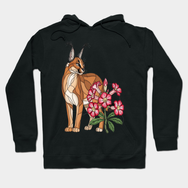 Floral Caracal Stained Glass Wildlife Design Hoodie by BirdsnStuff