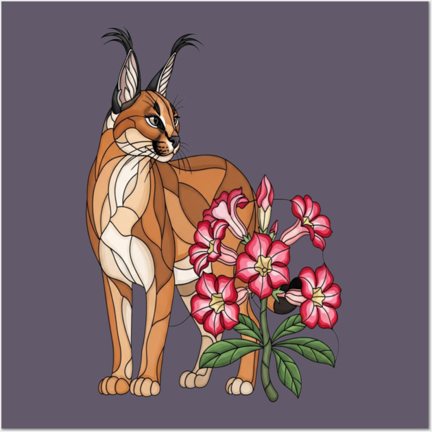 Floral Caracal Stained Glass Wildlife Design Wall Art by BirdsnStuff