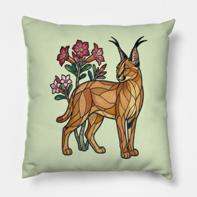 Stained Glass Caracal Botanical Wildlife Art Pillow by BirdsnStuff