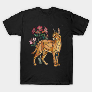 Stained Glass Caracal Botanical Wildlife Art T-Shirt