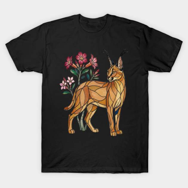 Stained Glass Caracal Botanical Wildlife Art T-Shirt by BirdsnStuff