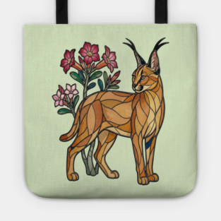 Stained Glass Caracal Botanical Wildlife Art Tote