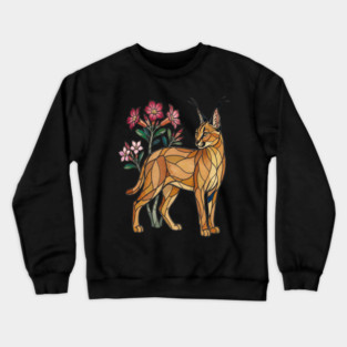 Stained Glass Caracal Botanical Wildlife Art Crewneck Sweatshirt
