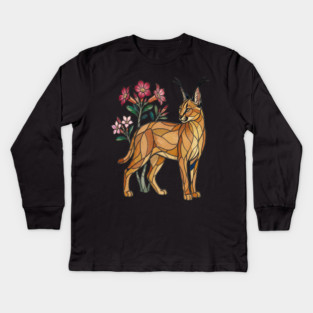 Stained Glass Caracal Botanical Wildlife Art Kids Long Sleeve T-Shirt