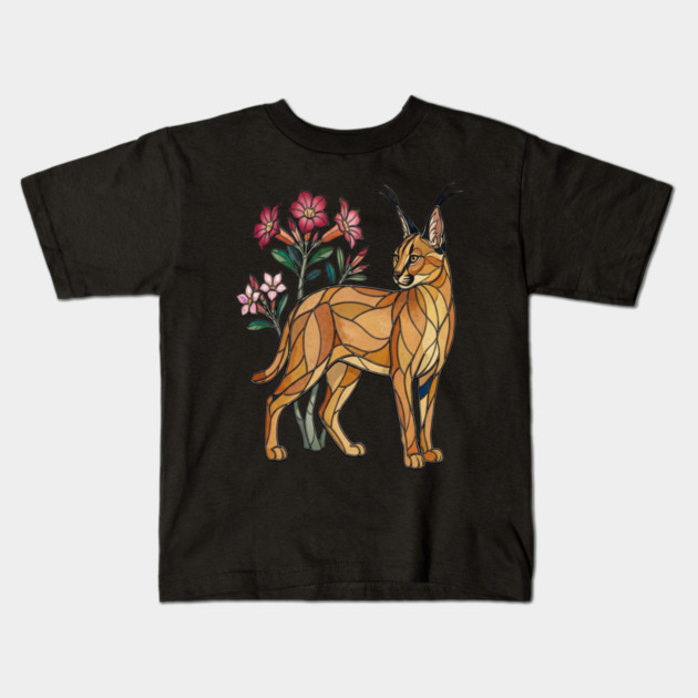 Stained Glass Caracal Botanical Wildlife Art Kids T-Shirt by BirdsnStuff