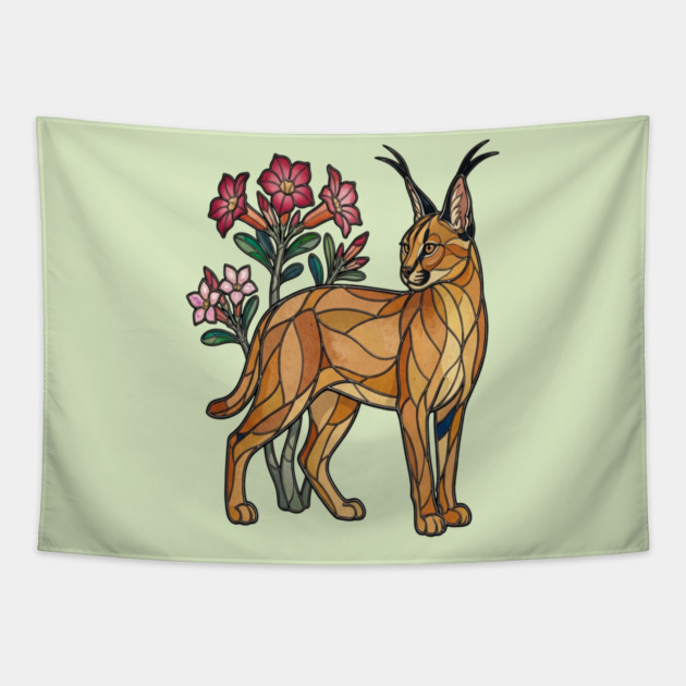 Stained Glass Caracal Botanical Wildlife Art Tapestry by BirdsnStuff