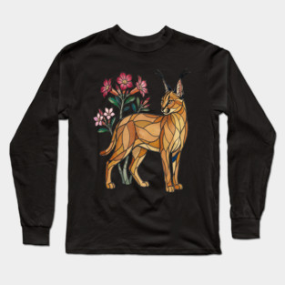 Stained Glass Caracal Botanical Wildlife Art Long Sleeve T-Shirt