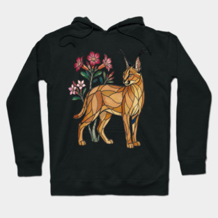 Stained Glass Caracal Botanical Wildlife Art Hoodie