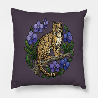 Stained Glass Clouded Leopard Botanical Art Pillow