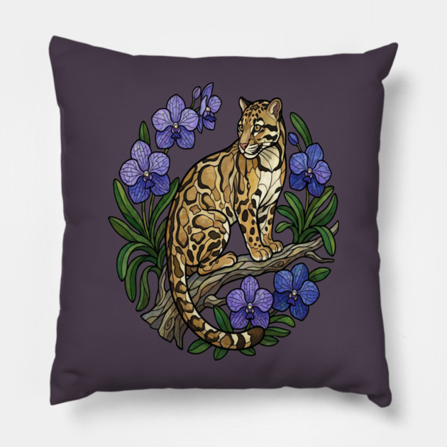 Stained Glass Clouded Leopard Botanical Art Pillow by BirdsnStuff