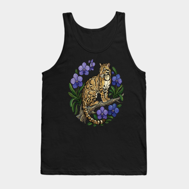Stained Glass Clouded Leopard Botanical Art Tank Top by BirdsnStuff
