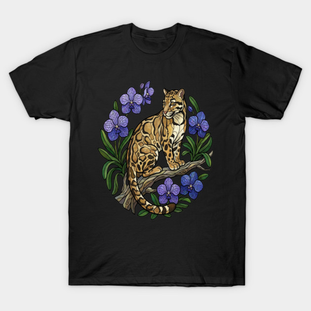 Stained Glass Clouded Leopard Botanical Art T-Shirt by BirdsnStuff