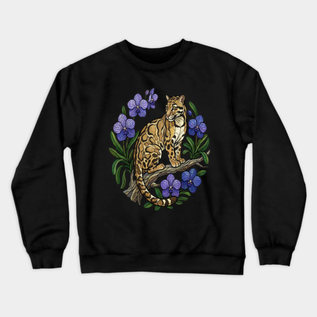 Stained Glass Clouded Leopard Botanical Art Crewneck Sweatshirt by BirdsnStuff