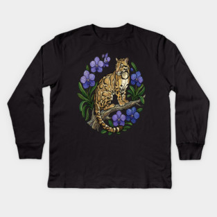 Stained Glass Clouded Leopard Botanical Art Kids Long Sleeve T-Shirt
