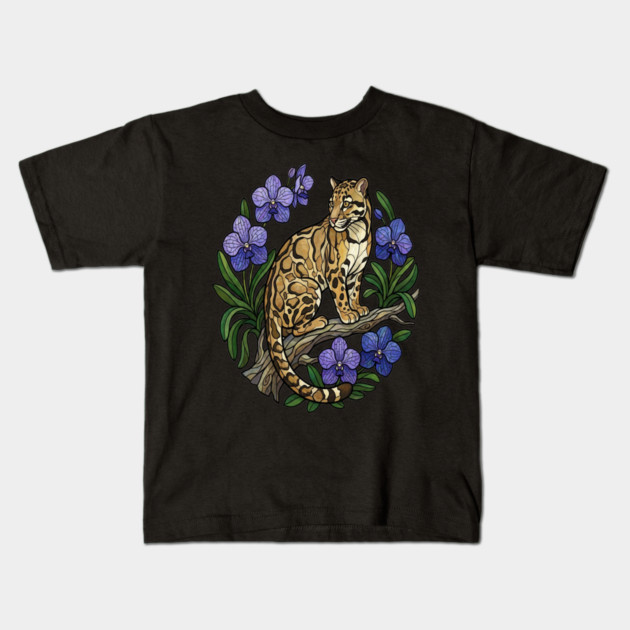 Stained Glass Clouded Leopard Botanical Art Kids T-Shirt by BirdsnStuff