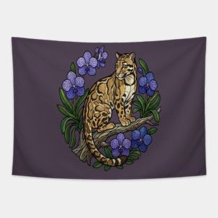 Stained Glass Clouded Leopard Botanical Art Tapestry