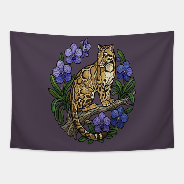 Stained Glass Clouded Leopard Botanical Art Tapestry by BirdsnStuff