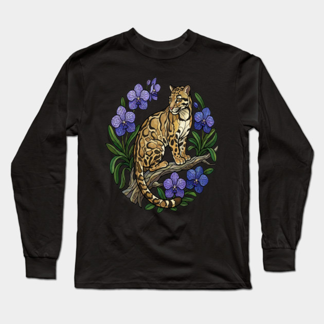 Stained Glass Clouded Leopard Botanical Art Long Sleeve T-Shirt by BirdsnStuff