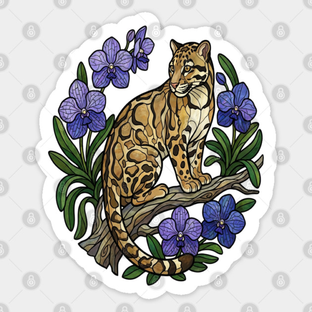 Stained Glass Clouded Leopard Botanical Art Sticker by BirdsnStuff