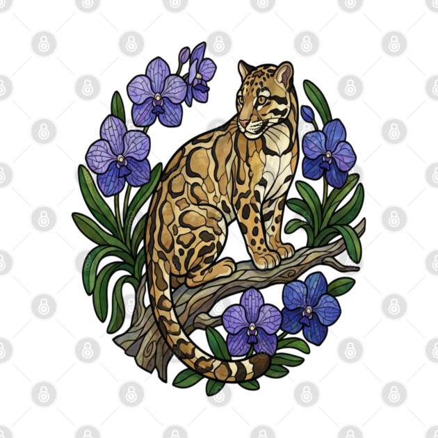 Stained Glass Clouded Leopard Botanical Art by BirdsnStuff