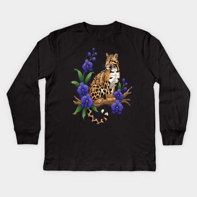 Stained Glass Clouded Leopard Orchid Art Kids Long Sleeve T-Shirt by BirdsnStuff